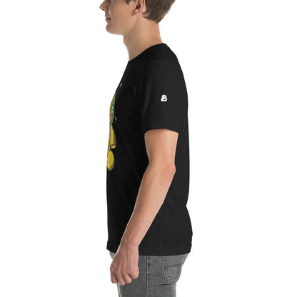 Man wearing Kurzärmeliges Unisex-T-Shirt N°3 in black, side view, showcasing fit and style.