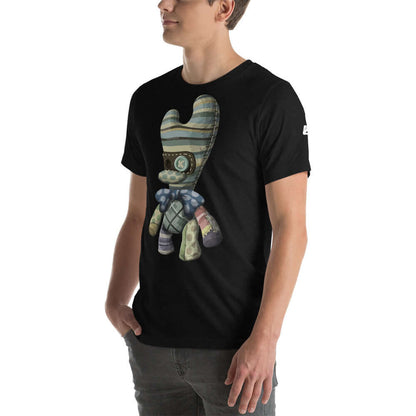 Kurzärmeliges Unisex-T-Shirt N°2 in black with a unique graphic design, soft and comfortable fit, modeled by a person, perfect for casual wear.