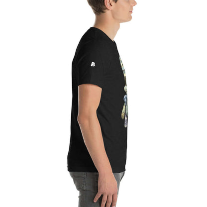 Kurzärmeliges Unisex-T-Shirt N°2, Seitenansicht auf Mann, schwarze Farbe, bequemes und weiches Material