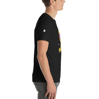 Kurzärmeliges Unisex-T-Shirt N°3 in black, side view showcasing soft and lightweight fabric fit on model, perfect everyday wear.