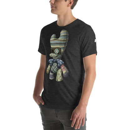 Man wearing Kurzärmeliges Unisex-T-Shirt N°2 with artistic design, showcasing soft, light cotton fabric.