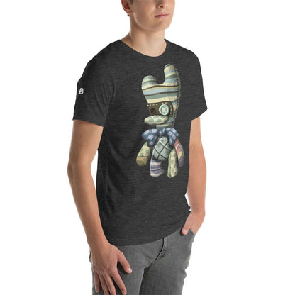 Kurzärmeliges Unisex-T-Shirt N°2 in Dunkelgrau, getragen von einem Model, mit stilvollem, weichem und elastischem Design für optimalen Komfort