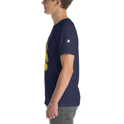 Model wearing Kurzärmeliges Unisex-T-Shirt N°3 in navy blue, side view