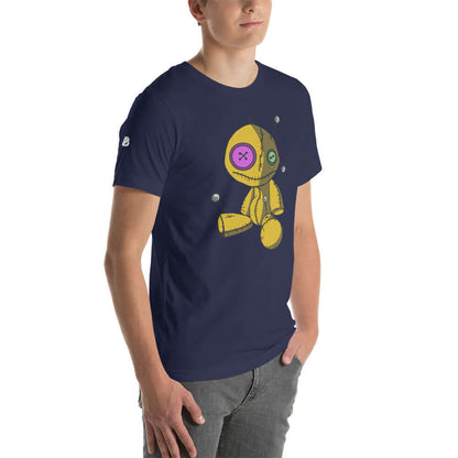 Kurzärmeliges Unisex-T-Shirt N°3 in navy with unique yellow graphic design, comfortable and soft cotton blend, perfect fit for everyone.