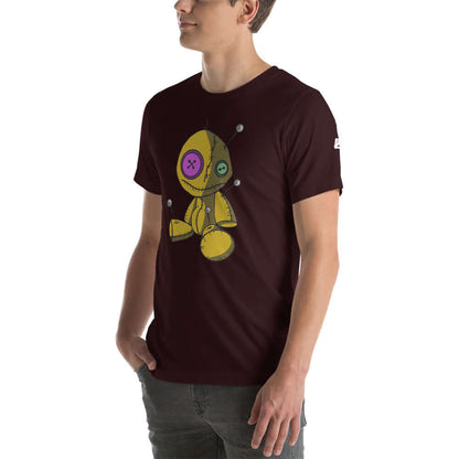 Kurzärmeliges Unisex-T-Shirt N°3 in dark color with a unique embroidered design on a model, soft and lightweight, perfect for all-day comfort.