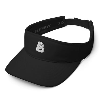 Visor N°0 black embroidered visor, moisture-wicking and sun-protective with Velcro closure, polyester blend, side view.