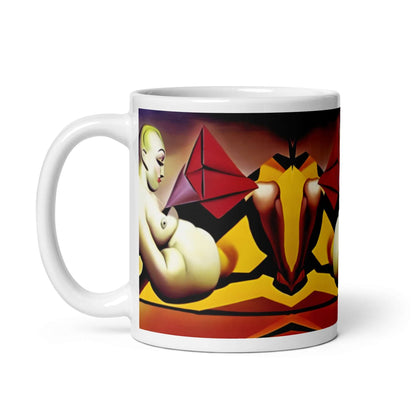 Weiße, glänzende Tasse N°0 mit einzigartigem Kunstdesign, spülmaschinen- und mikrowellenfest, ideal für Kaffee oder Tee.