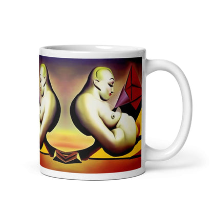 Weiße, glänzende Tasse N°0 mit künstlerischem Druck, ideal für Morgenkaffee und Abendtee, spülmaschinen- und mikrowellenfest, 325 ml.