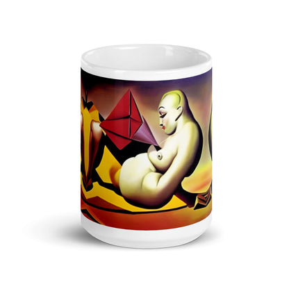 Weiße, glänzende Tasse N°0 mit modernem, lebendigem Druck, ideal für Morgenkaffee oder Abendtee. Mikrowellen- und spülmaschinenfest.