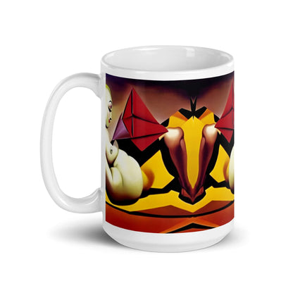 Weiße, glänzende Tasse N°0 mit lebendigem Druck, robust und mikrowellenfest, ideal für Morgenkaffee oder Abendtee, 325 ml Keramikbecher.