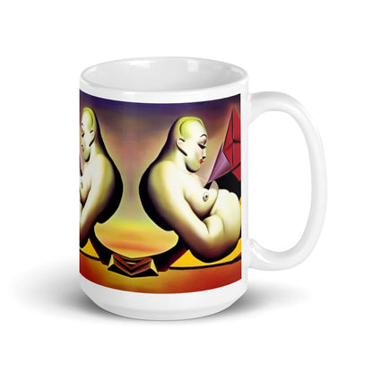 Weiße, glänzende Tasse N°0 mit robustem, lebendigem Druck, spülmaschinen- und mikrowellenfest, für Kaffee und Tee geeignet.