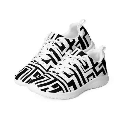 Damen-Turnschuhe N°1 with black and white geometric design, featuring breathable lining and EVA rubber outsole, perfect for active wear.