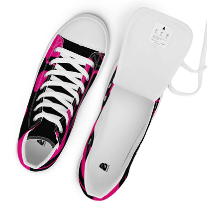 High-Top Leinenschuhe für Damen N°0, schwarze Sneaker mit pinken Akzenten, weiße Schnürsenkel und Kunstleder-Zehenkappe