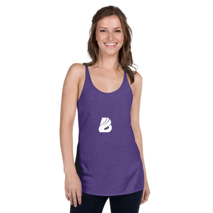 Woman wearing purple Racerback Tank-Top für Damen N°0 with edgy seams, lightweight and soft material, standing in a casual pose.